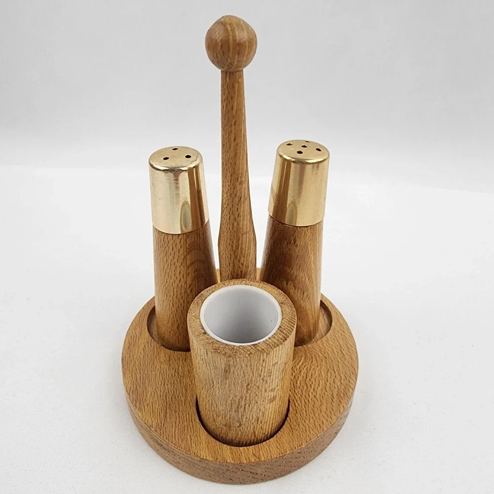 Vtg. Wooden Salt and Pepper and toothpick holder‎ MCM Gold 3in x 2.5 in. Kitchen